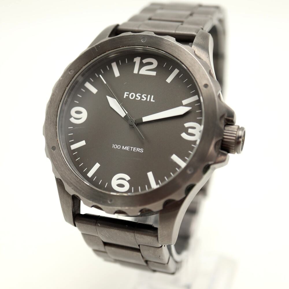 Fossil Nate Mens 46mm Gunmetal Gray Watch Stainless Steel JR1457 w New Battery